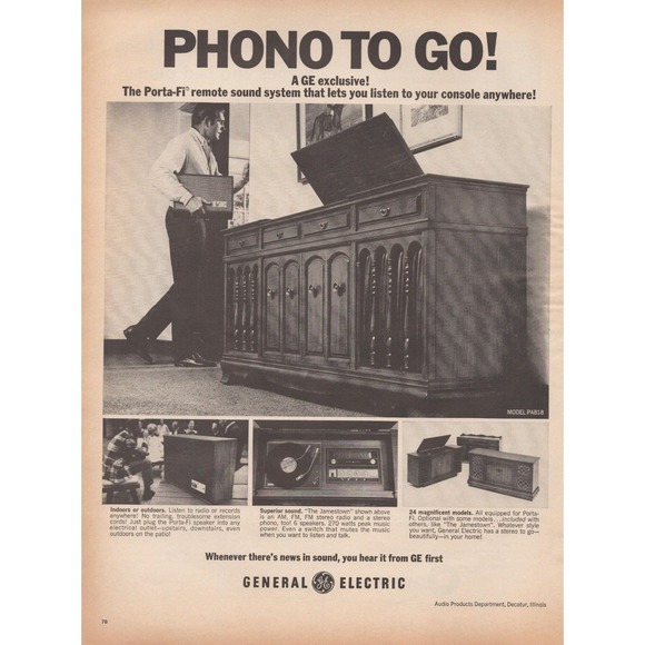 Other - 1968 General Electric Vintage Print Ad GE Phono Stereo To Go Console Porta-Fi